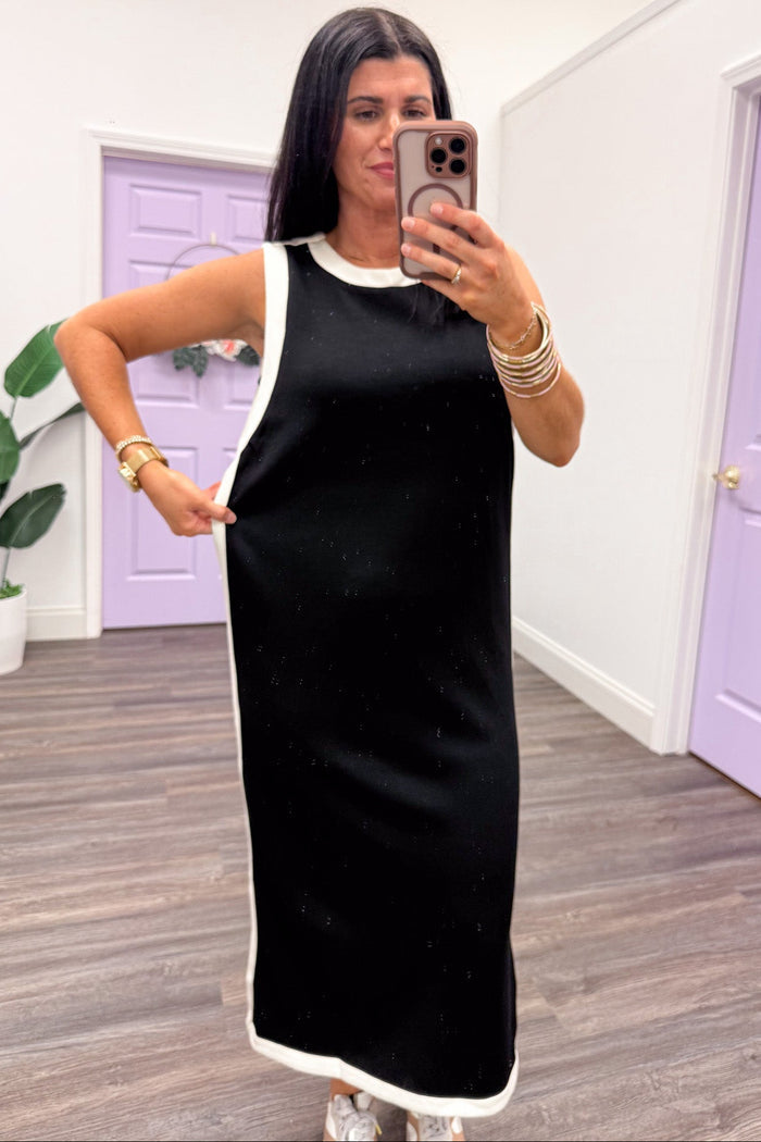 cream trim sleeveless scuba knit black midi dress relaxed silhouette