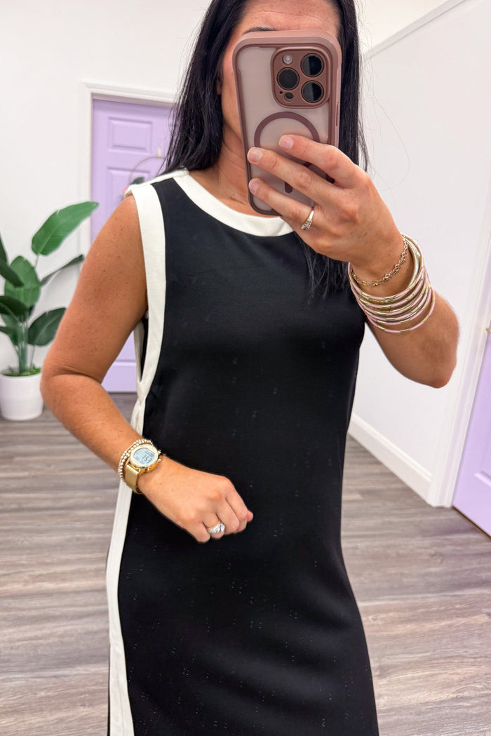 cream trim sleeveless scuba knit black midi dress crewneck