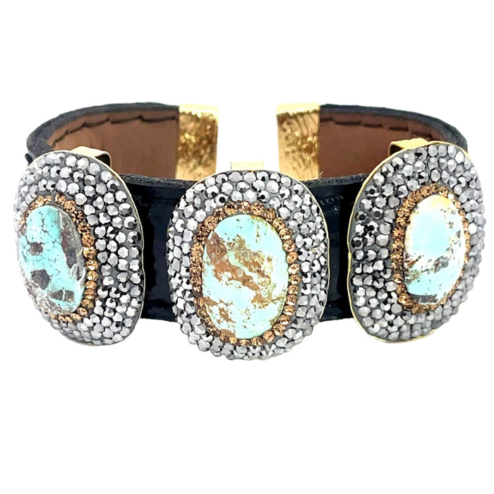 Style the Triple Gemstone & Crystal Leather Cuff Bracelet exclusively at Born To Glam