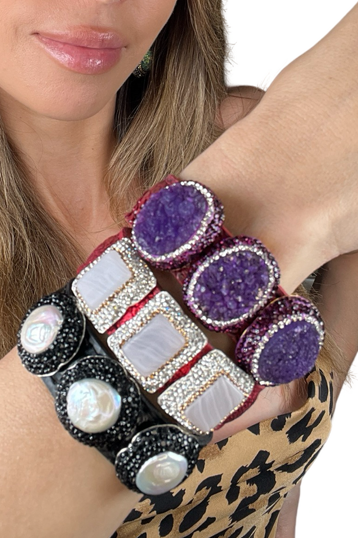 Style the Triple Gemstone & Crystal Leather Cuff Bracelet exclusively at Born To Glam