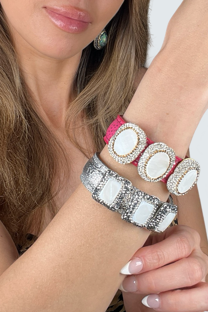 Style the Triple Gemstone & Crystal Leather Cuff Bracelet exclusively at Born To Glam