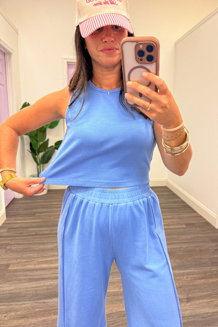 solid cornflower blue fitted semi-cropped tank top and palazzo pants matching knit loungewear set