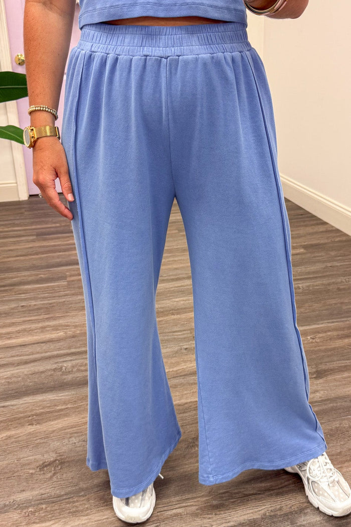 solid cornflower blue tank top and wide leg palazzo pants matching knit loungewear set