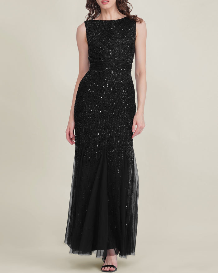 Embellished Sequin Sleeveless Godet Fit and Flare Formal Black Tie Maxi Dress