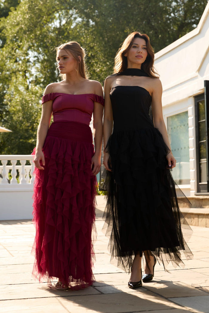 Twilight Strapless Maxi Dress With Scarf In Black