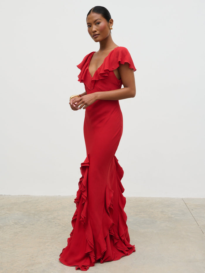 Elle Is 5'3" & Wears Size UK 6|Uma Cap Sleeve Ruffle Maxi Dress - Red