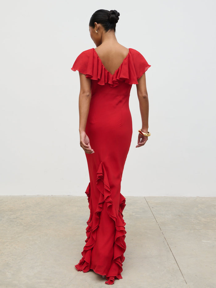 Elle Is 5'3" & Wears Size UK 6|Uma Cap Sleeve Ruffle Maxi Dress - Red
