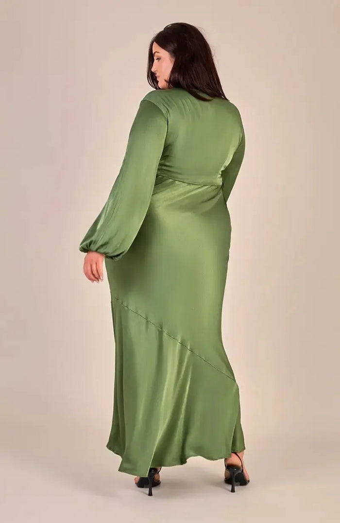 Valencia Dress in Olive Viscose Satin Rewritten London