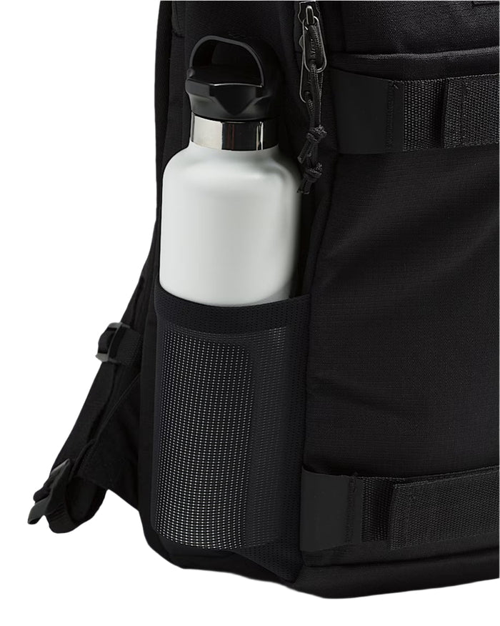 The Obstacle Skatepack is a skate backpack featuring one large main compartment with anti-odor treatment, ergonomically-designed padded shoulder straps, a waffle mesh back panel, and stretch mesh water bottle pockets