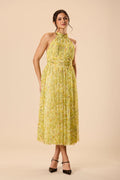 High neck backless tulle mesh yellow floral print midi dress wedding spring summer