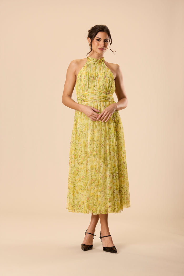 Vera Tulle Midi Dress in Yellow Floral