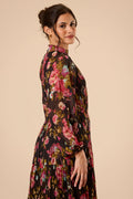 Chiffon Long Sleeve High Neck Black Floral Print Wedding Holiday Vacation Maxi Dress