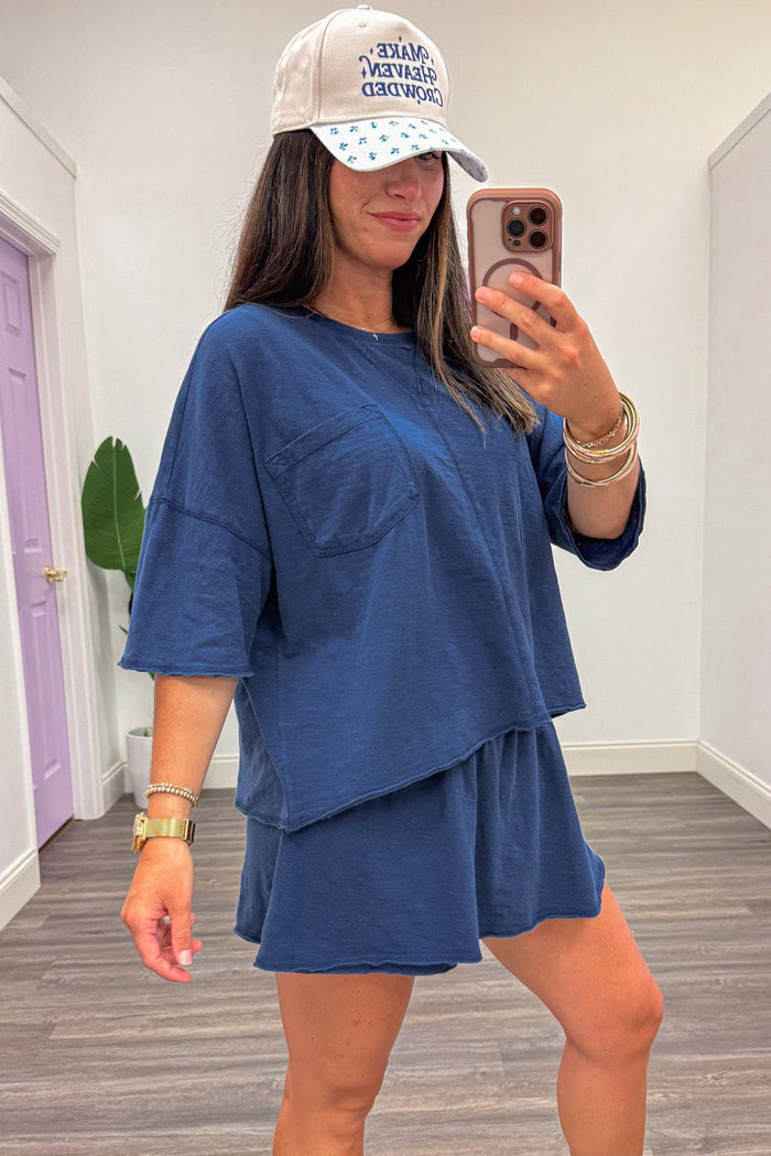 solid navy blue drop shoulder short sleeve top and skort slub knit matching athleisure set