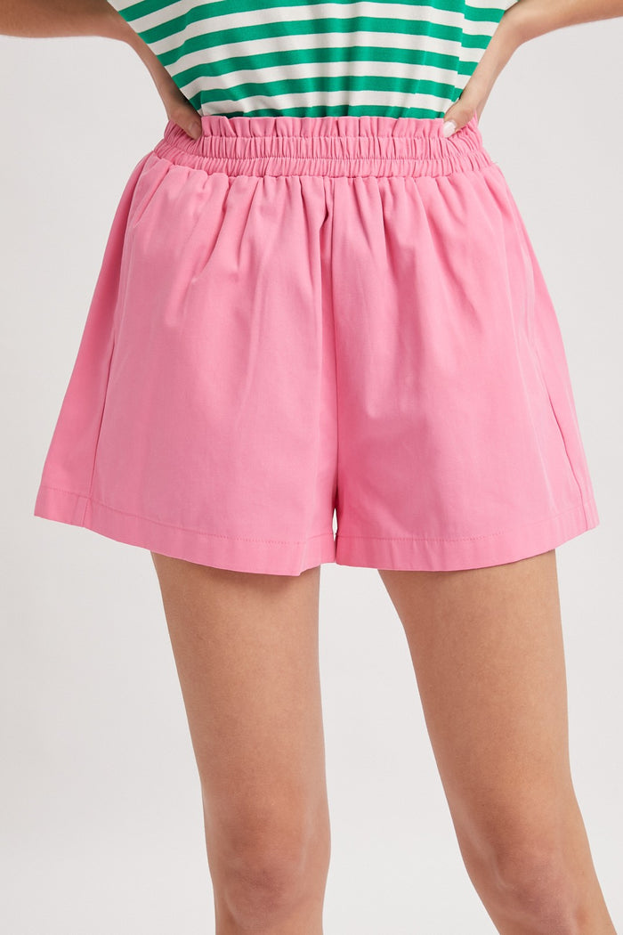 pink ruffle trimmed elastic waist wide leg cotton twill shorts