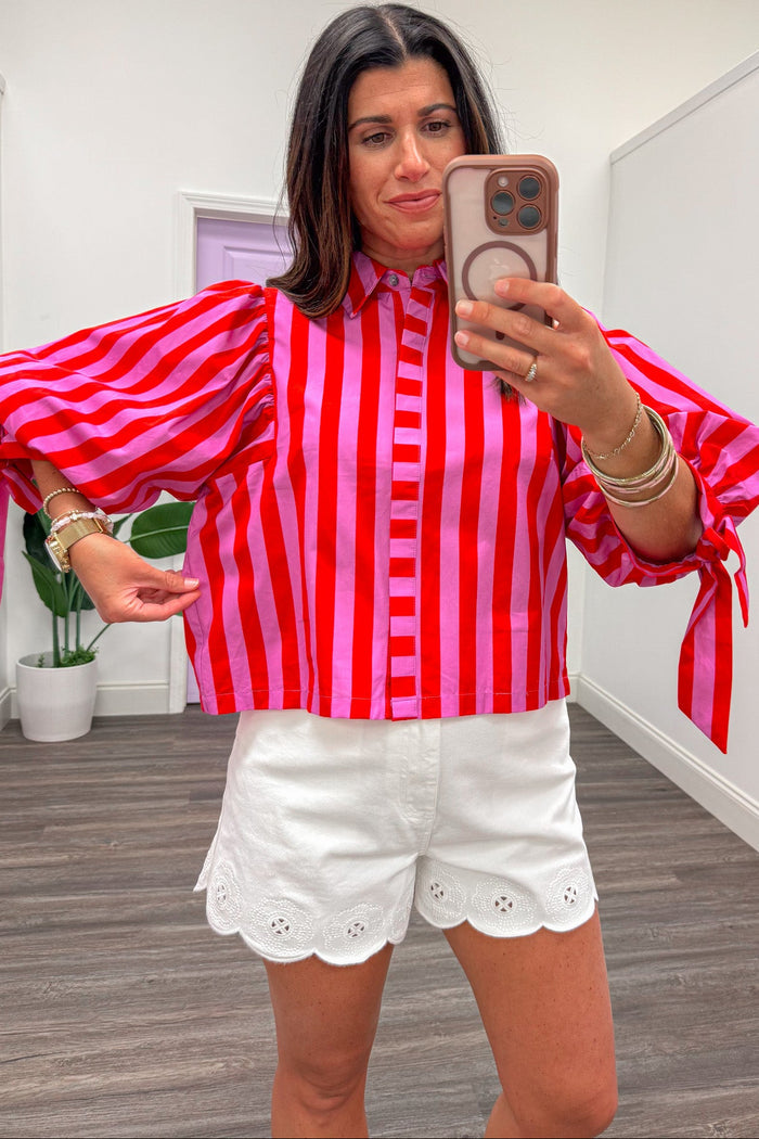 red and pink striped pattern button front relaxed silhouette poplin top