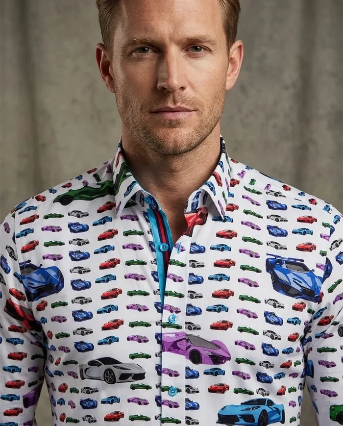 White Car Print Men's Shirt with Matching Handkerchief