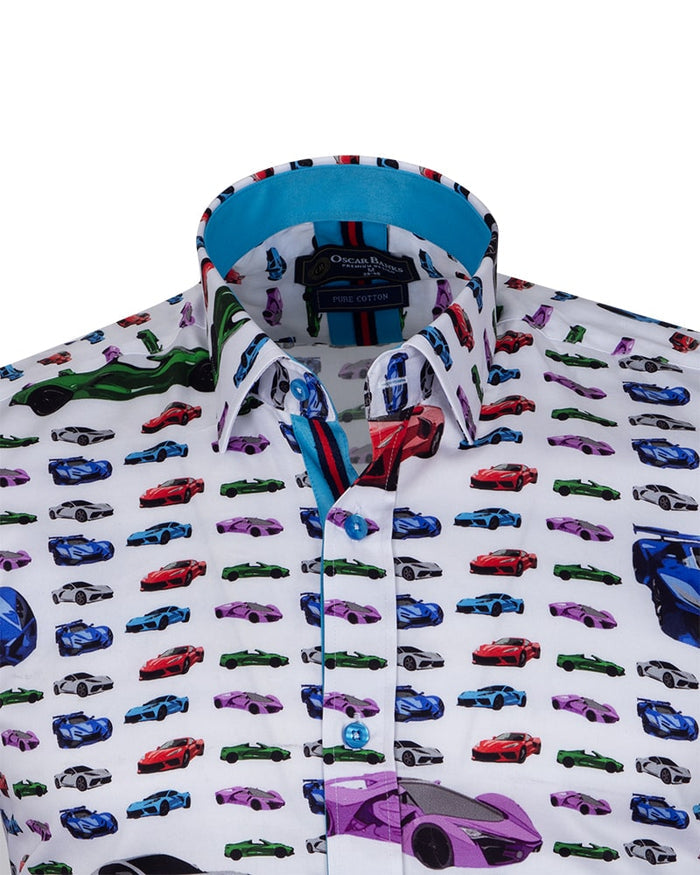 White Car Print Men's Shirt with Matching Handkerchief-Makrom