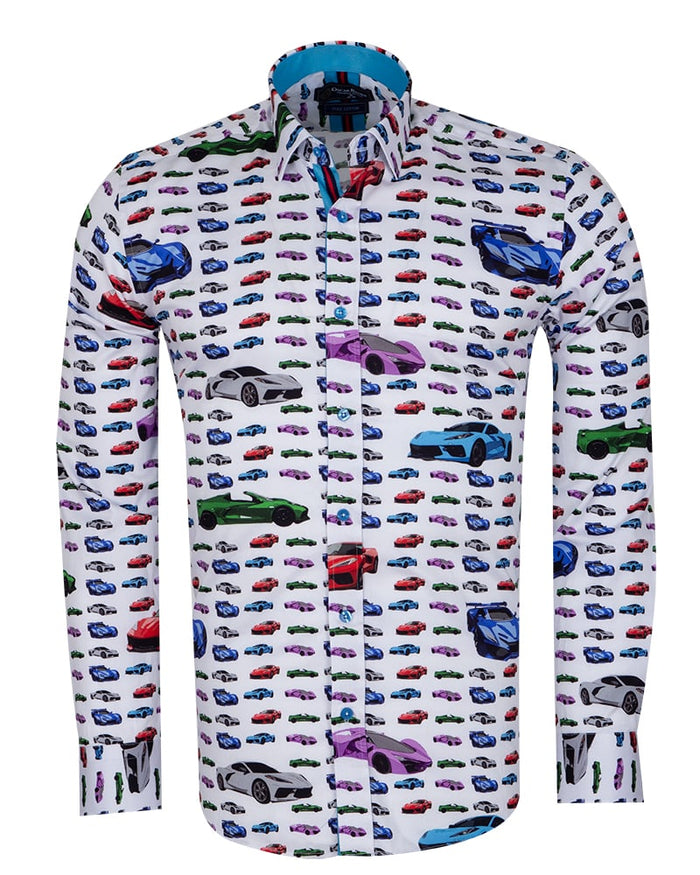 White Car Print Men's Shirt with Matching Handkerchief-Makrom