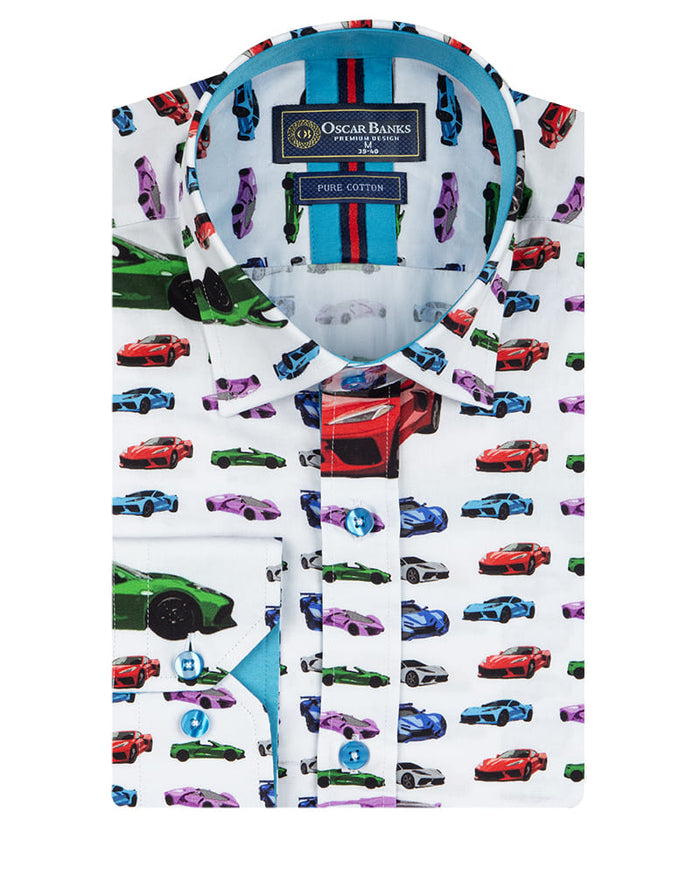 White Car Print Men's Shirt with Matching Handkerchief-Makrom