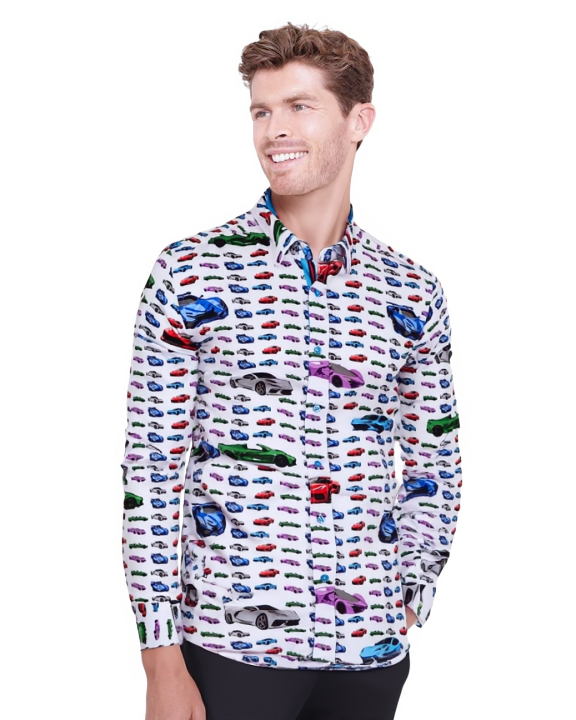 White Car Print Men's Shirt with Matching Handkerchief-Makrom