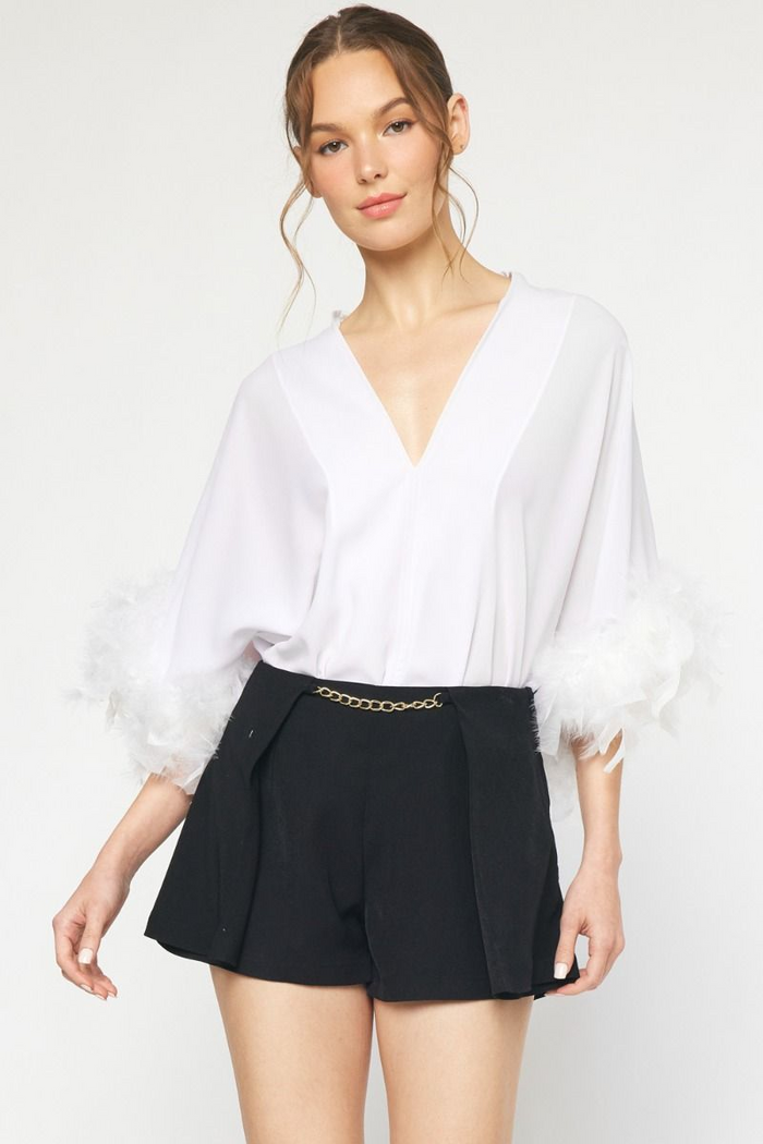 White V-neck bodysuit with feather-trim 3/4 sleeves for a polished statement top look.