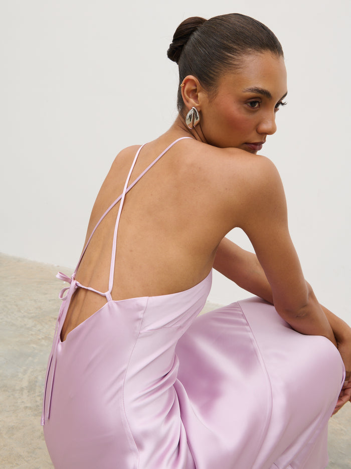 Lana is 5'9.5" & Wears Size UK 8|Yvette Halter Neck Maxi Dress - Lilac
