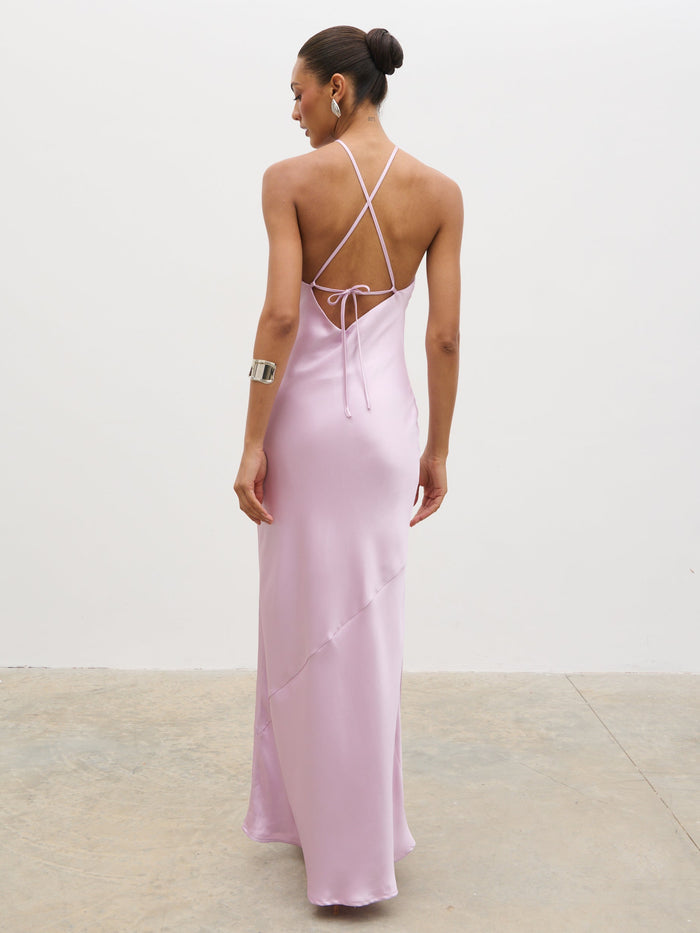 Lana is 5'9.5" & Wears Size UK 8|Yvette Halter Neck Maxi Dress - Lilac