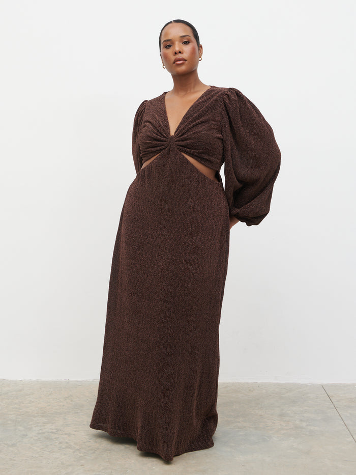 Steffy is 5'7" & Wears Size UK 18|Zaya Lurex Metallic Maxi Dress Curve - Brown