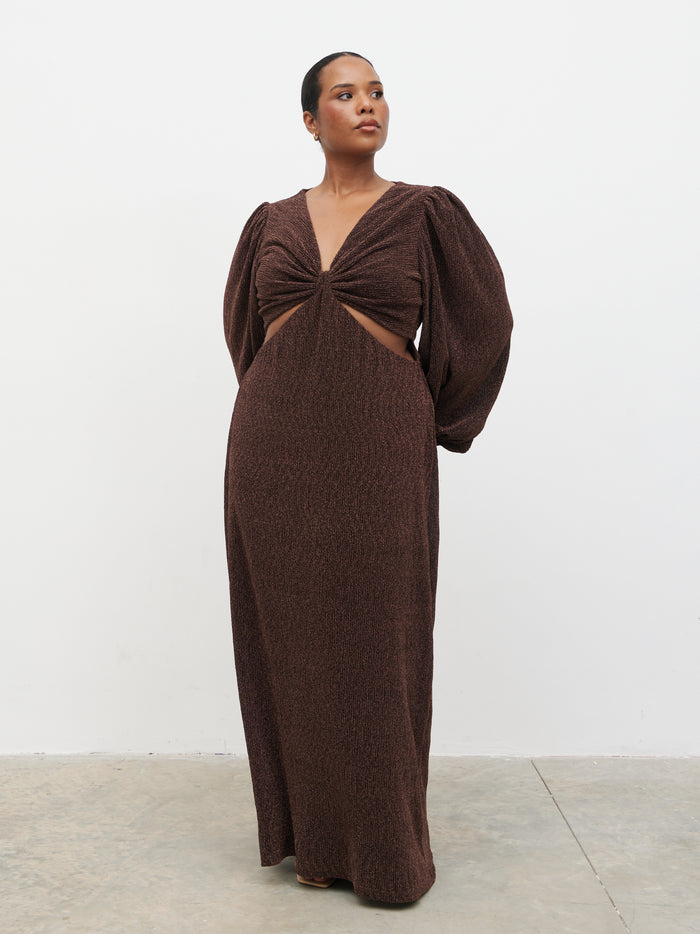Steffy is 5'7" & Wears Size UK 18|Zaya Lurex Metallic Maxi Dress Curve - Brown