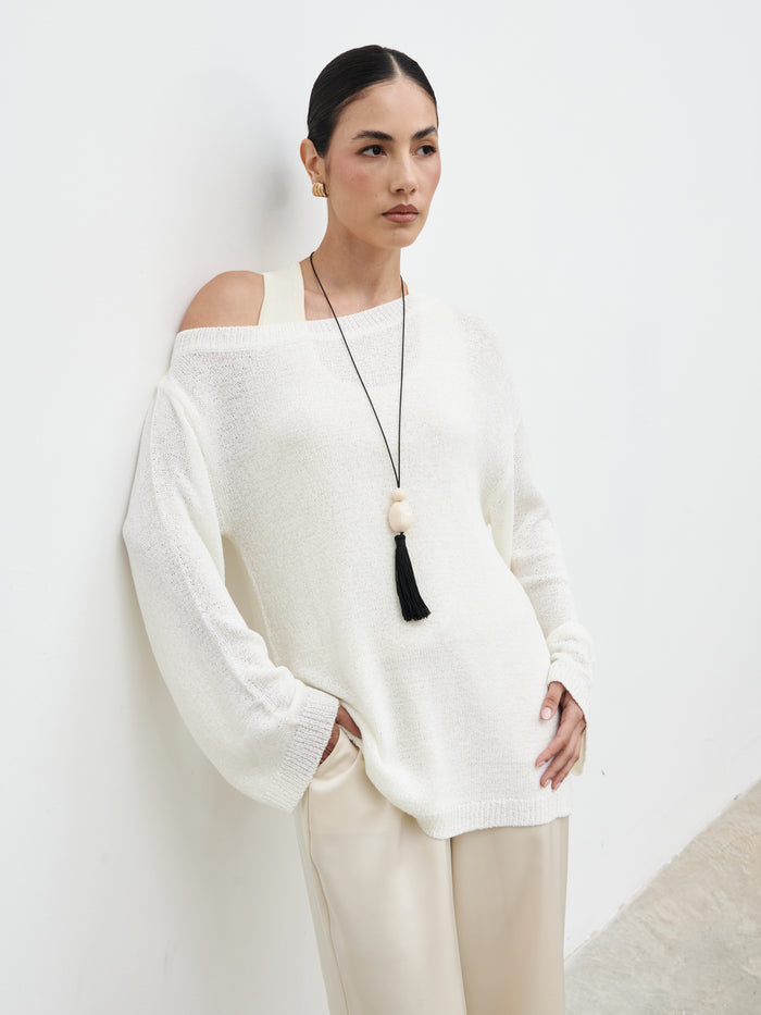 Veronica is 5'8" & Wears Size UK XS|Zelia Fine Knit Off Shoulder Jumper - stone