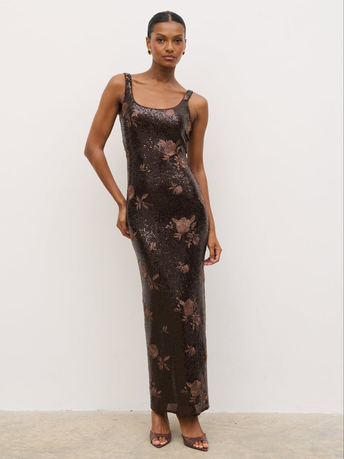 Montanna is 5'7" & Wears Size UK 6|Zia Sequin Maxi Dress - Brown Floral Sequin