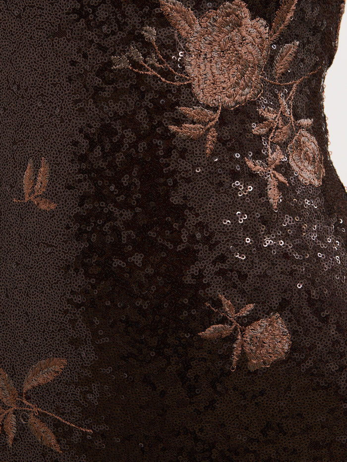 Montanna is 5'7" & Wears Size UK 6|Zia Sequin Maxi Dress - Brown Floral Sequin