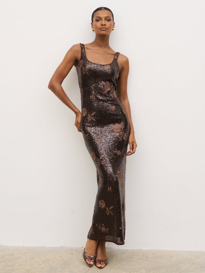 Montanna is 5'7" & Wears Size UK 6|Zia Sequin Maxi Dress - Brown Floral Sequin