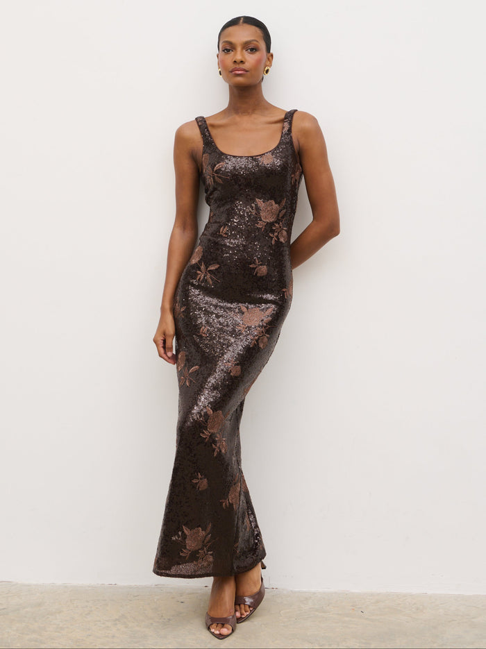 Montanna is 5'7" & Wears Size UK 6|Zia Sequin Maxi Dress - Brown Floral Sequin