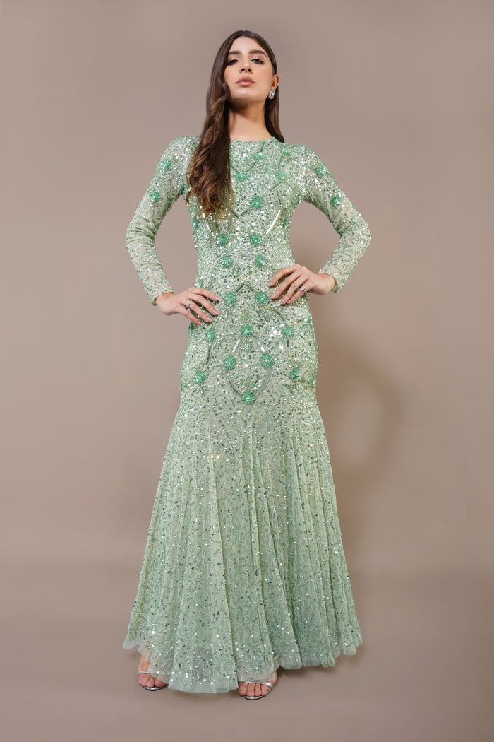 Fit-and-flare mermaid modest maxi dress long sleeves embellished sequins