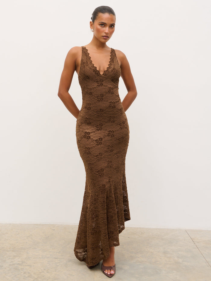 Tina is 5'6" & Wears Size UK 8|Zoey Lace Midaxi Dress - Brown