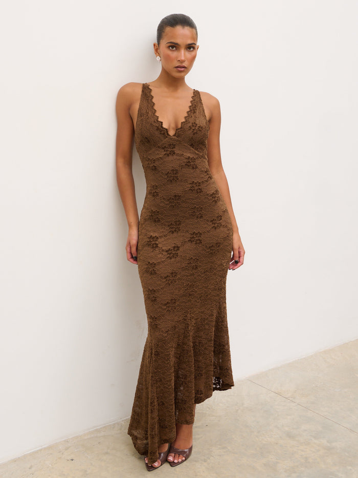 Tina is 5'6" & Wears Size UK 8|Zoey Lace Midaxi Dress - Brown