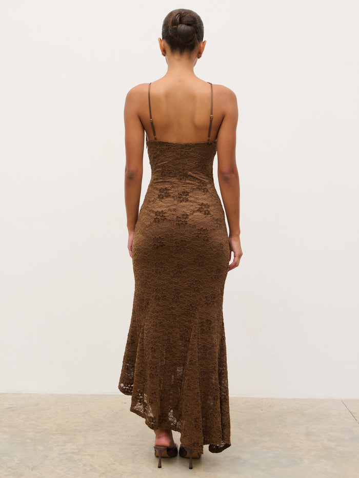 Tina is 5'6" & Wears Size UK 8|Zoey Lace Midaxi Dress - Brown