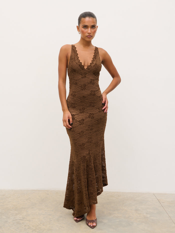 Tina is 5'6" & Wears Size UK 8|Zoey Lace Midaxi Dress - Brown